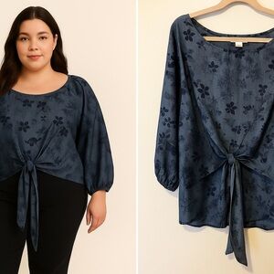 Liz Claiborne Blue Floral Blouse Tie Front Gingham Garden Women's Boho Size XXL